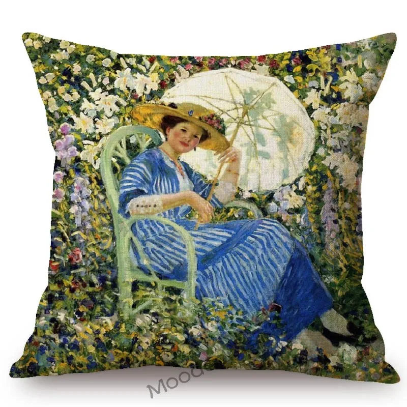 US Frederick C. Frieseke Impressionism Oil Painting Flower Garden Madame Lady Girl Sofa Pillow Case Green Spring Cushion Cover