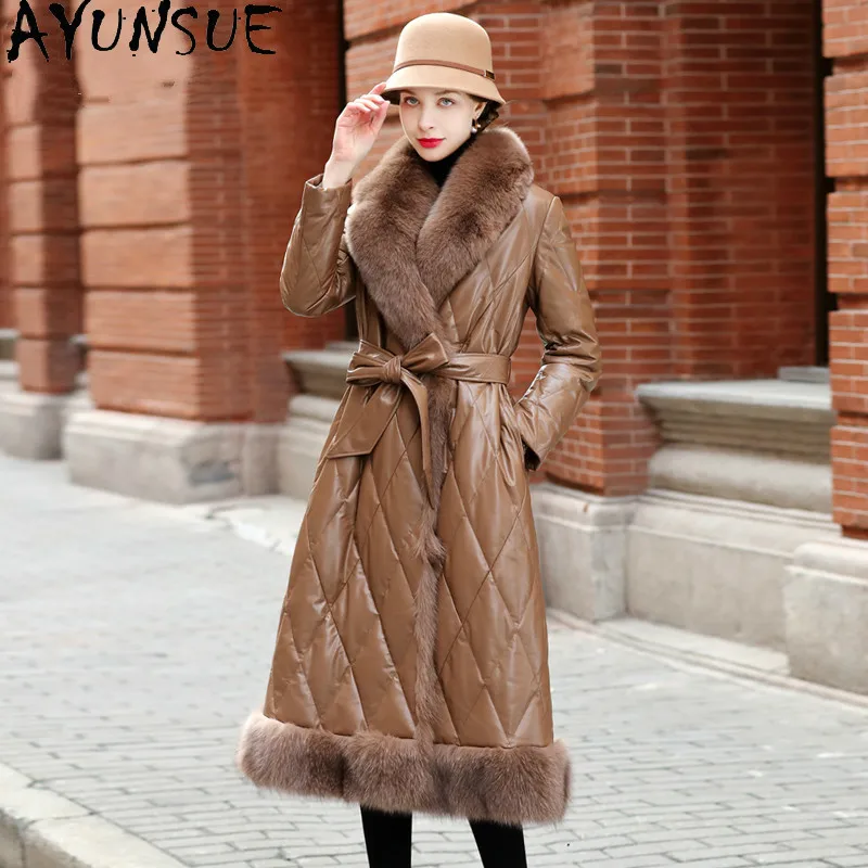 

AYUNSUE Genuine Leather Jacket Women Winter Sheepskin Coat Real Fox Fur Collar 90% White Duck Down Jackets 2021 Long Parkas