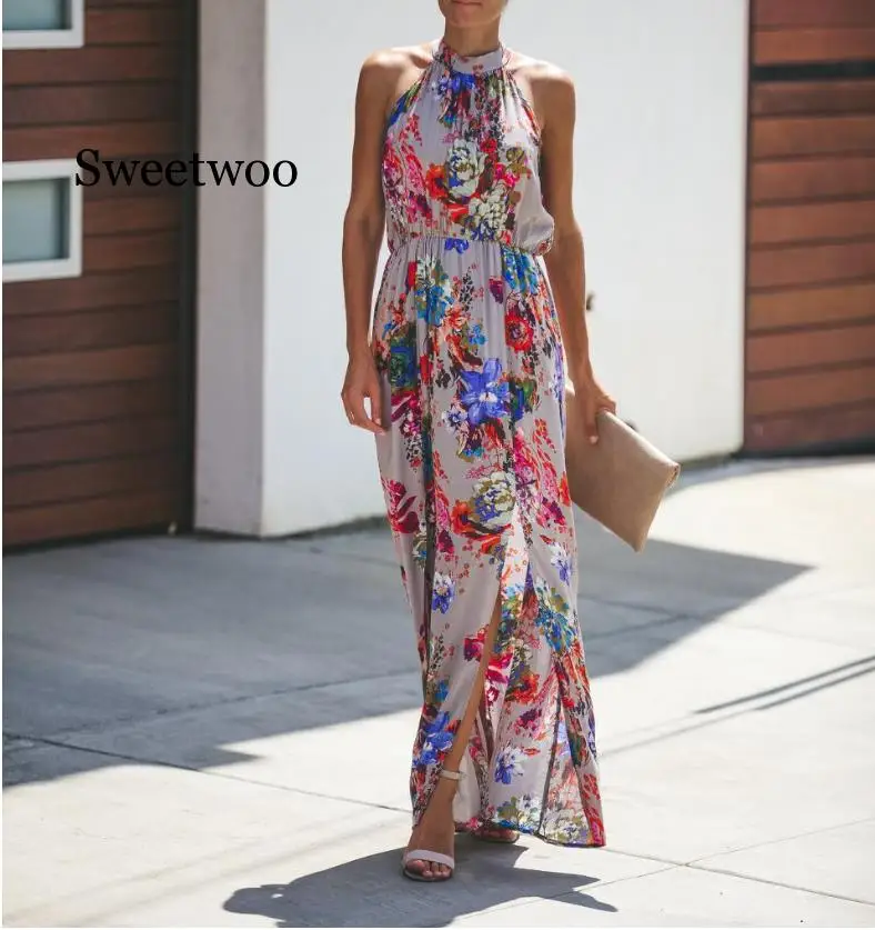 

2020 New Chiffon Dress Floral Print Sleeveless Hanging Neck Dresses Summer Women Loose Sundress Female Elegant Party Clothing