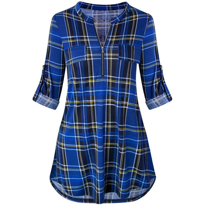 Fashion Tunics Women Casual Soft Roll Ups Long Sleeve Top Zipped V Neck Plaid Shirts Basic Pullover Tunic Blouses Blusa Feminina