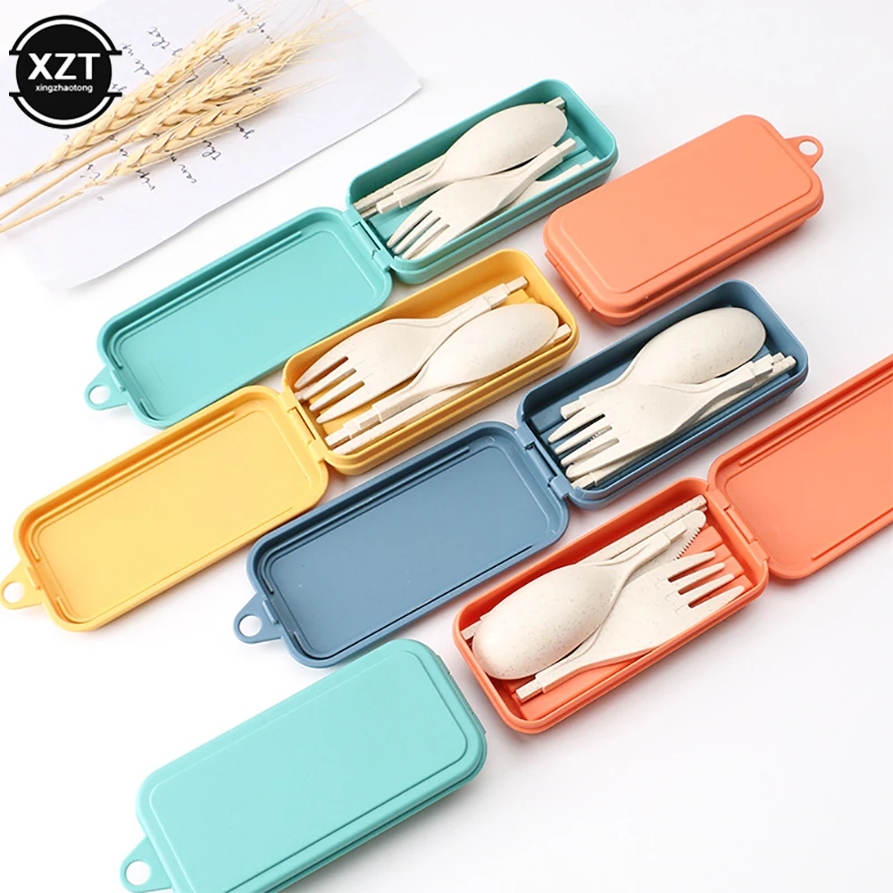 Foldable Wheat Straw Spoon Fork Knife Chopsticks Cutlery Set With Box Removable Dinnerware For Outdoor Travel Picnic Tableware