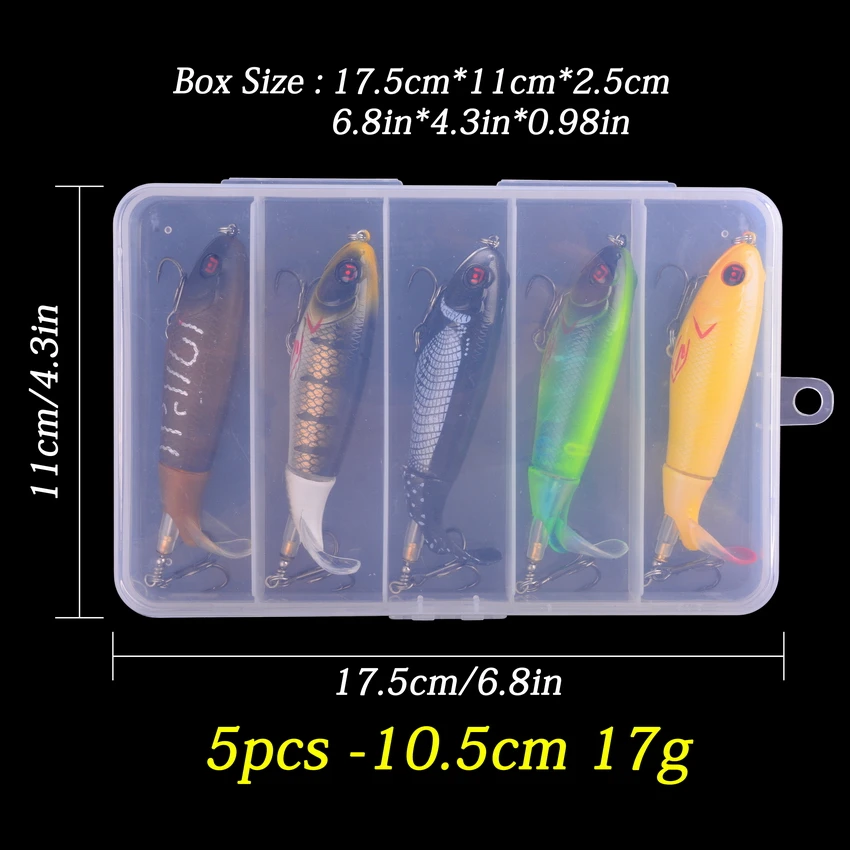 5PCS/BOX 100mm Floating Popper Fishing Lure Set Artificial Hard Bait Lures Soft Rotating Tail Fishing Tackle Box