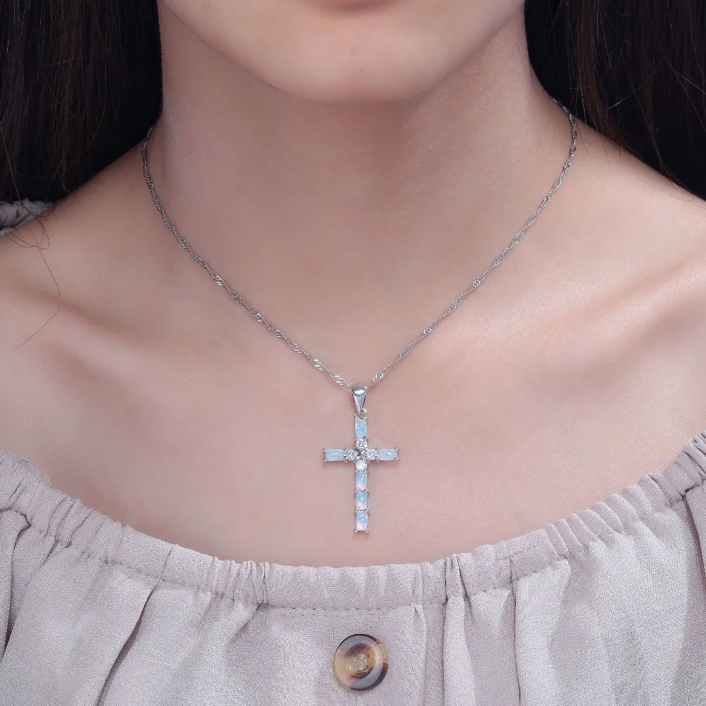 CiNily Opal Necklace Pendant Cross Christian Silver Plated Fashion Jewelry with Zircon Inlay for Woman Anniversary Gift