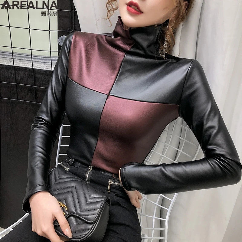 Turtleneck Blouse Women Fashion Patchwork Plaid Slim Elegant Shirt Warm Velvet Elastic Leather PU korean Long Sleeve Tops S- 4XL