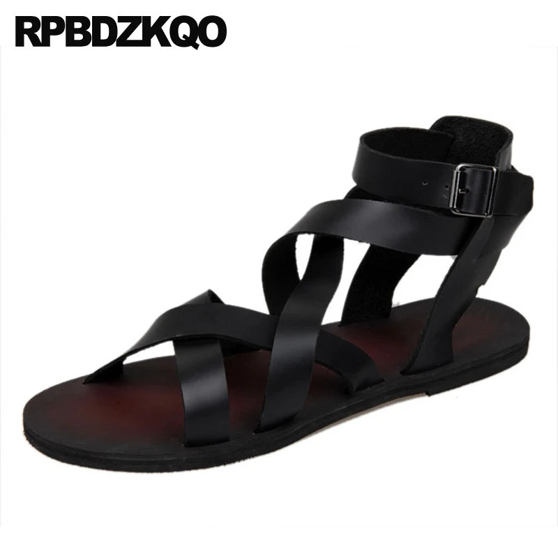 

Real Genuine Leather Men Gladiator Sandals Summer Boots Burgundy Ankle Strap Beach Breathable Flat Roman 2023 Shoes Open Toe