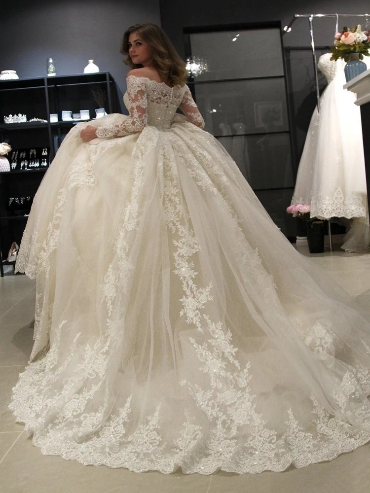 Fait sur commande 2020 arabe Bateau cou dentelle robes de mariée avec manches longues Tulle Applique ruché balayage Train mariée robe de mariée