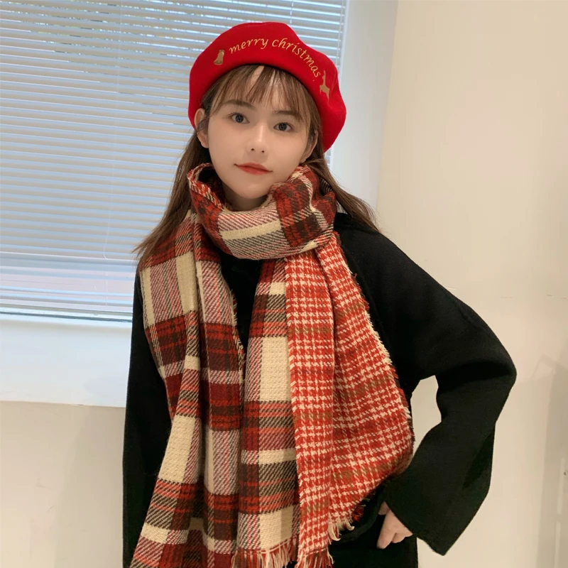 

2021 New Korean Christmas Plaid Scarf Women Winter warm Wild Japanese Fashion Shawl Dual-use Imitation Cashmere Scarf Wholesale