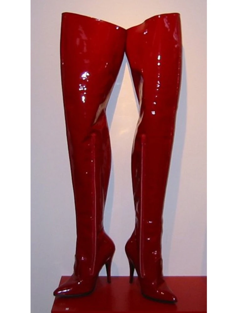 Red Patent Leather Thigh High Boots Zipper Solid Stiletto High Heel Sexy Pointy Toe Dress Women Boots Runway Winter Autumn Boots