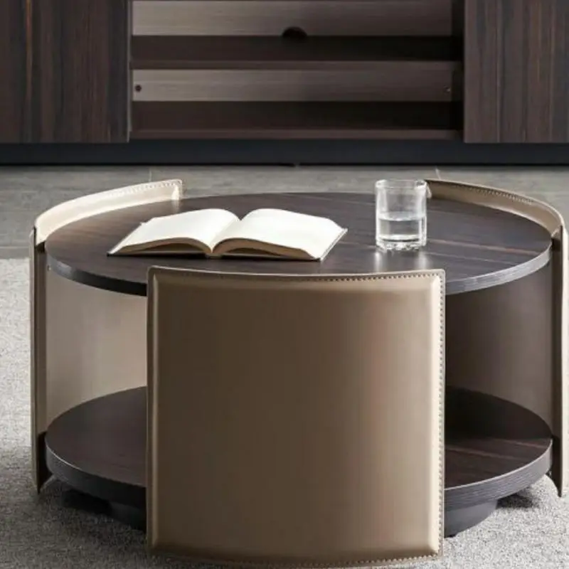 Italian  modern coffee table TV cabinet combination simple living room size coffee table light luxury leather round tea table