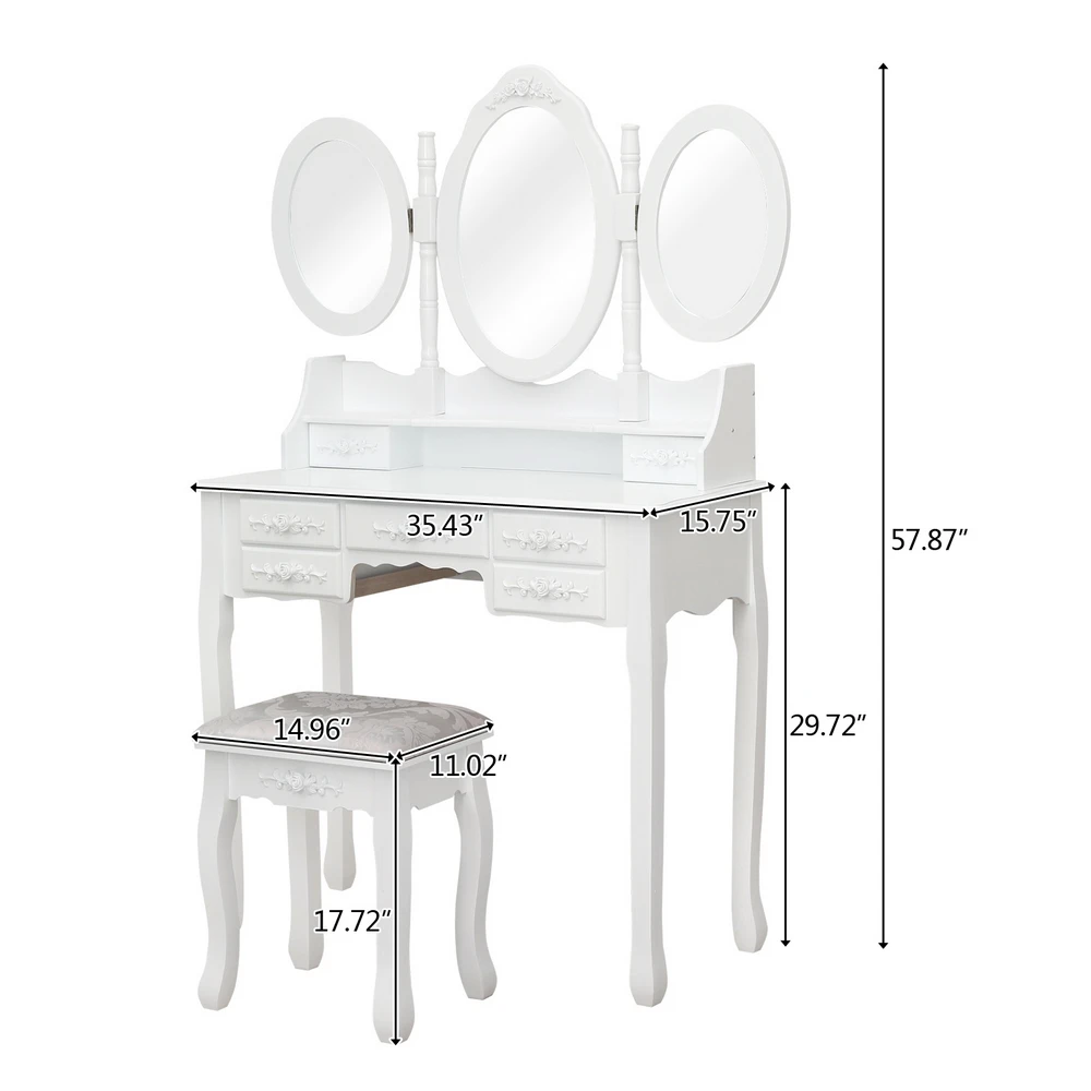 Dressing Table FCH MDF Spray Paint Seven Drawers Three-fold Mirror Dressing Table Set White Dressers Makeup Table US Warehouse