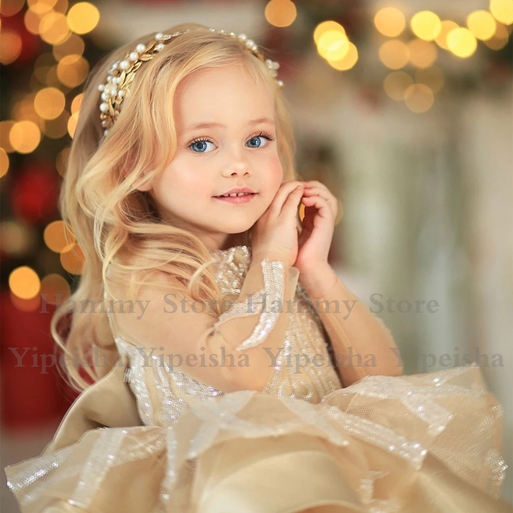 Vestidos de tutú champán para niña, mangas largas, lentejuelas, Puff, vestidos de fiesta de desfile, vestido de flores brillante para niño pequeño