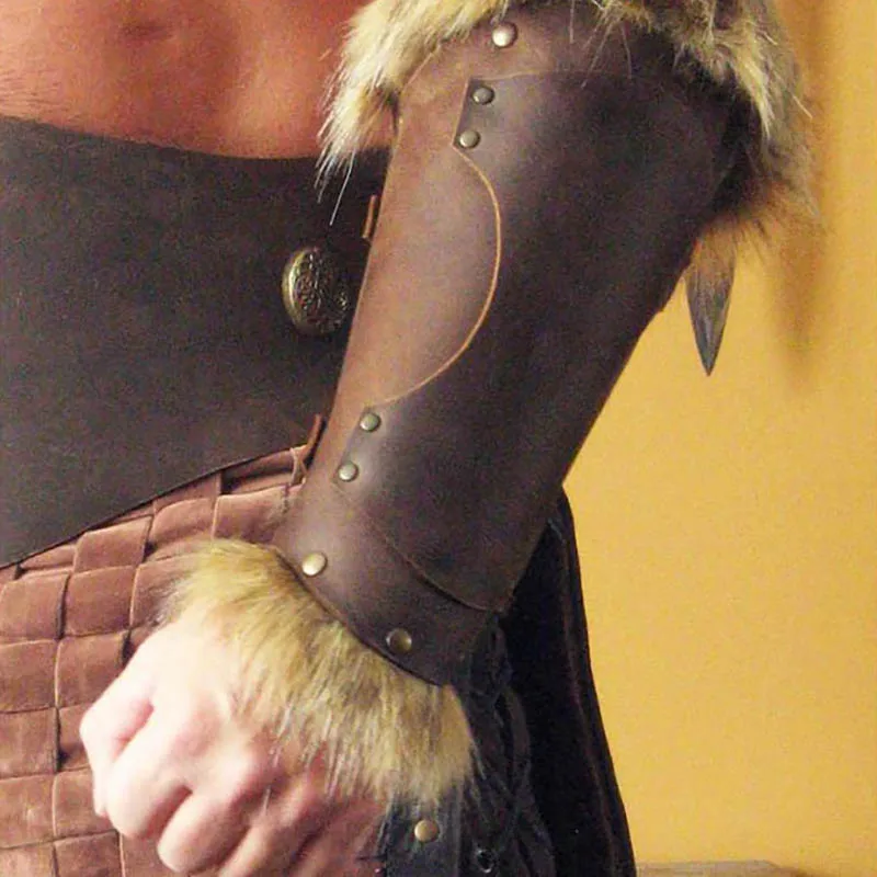 Steampunk Fur Leather Bracer Medieval Celtic Viking Warrior Larp Costume Men Women Rivet Arm Armor Halloween Accessory For Adult