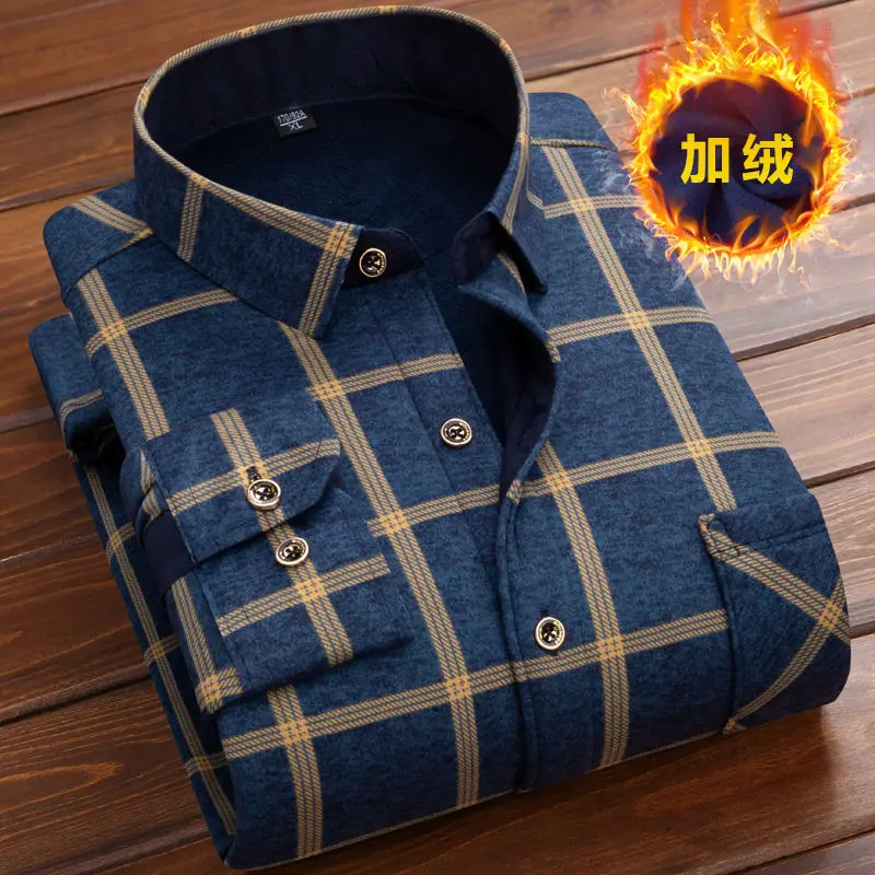 2024 New Autumn Winter Men Fleece Shirt Fashion Plaid Thick Keep Warm Shirt Male Print Long Sleeve Business Big size Shirt L-6XL