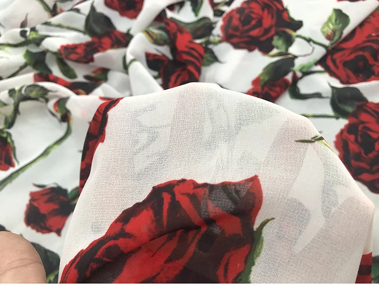 Europe and America Red Rose Flower Printed Imitate Silk Satin Or Chiffon Fabric For Woman Dress Blouse DIY Cloth Sewing