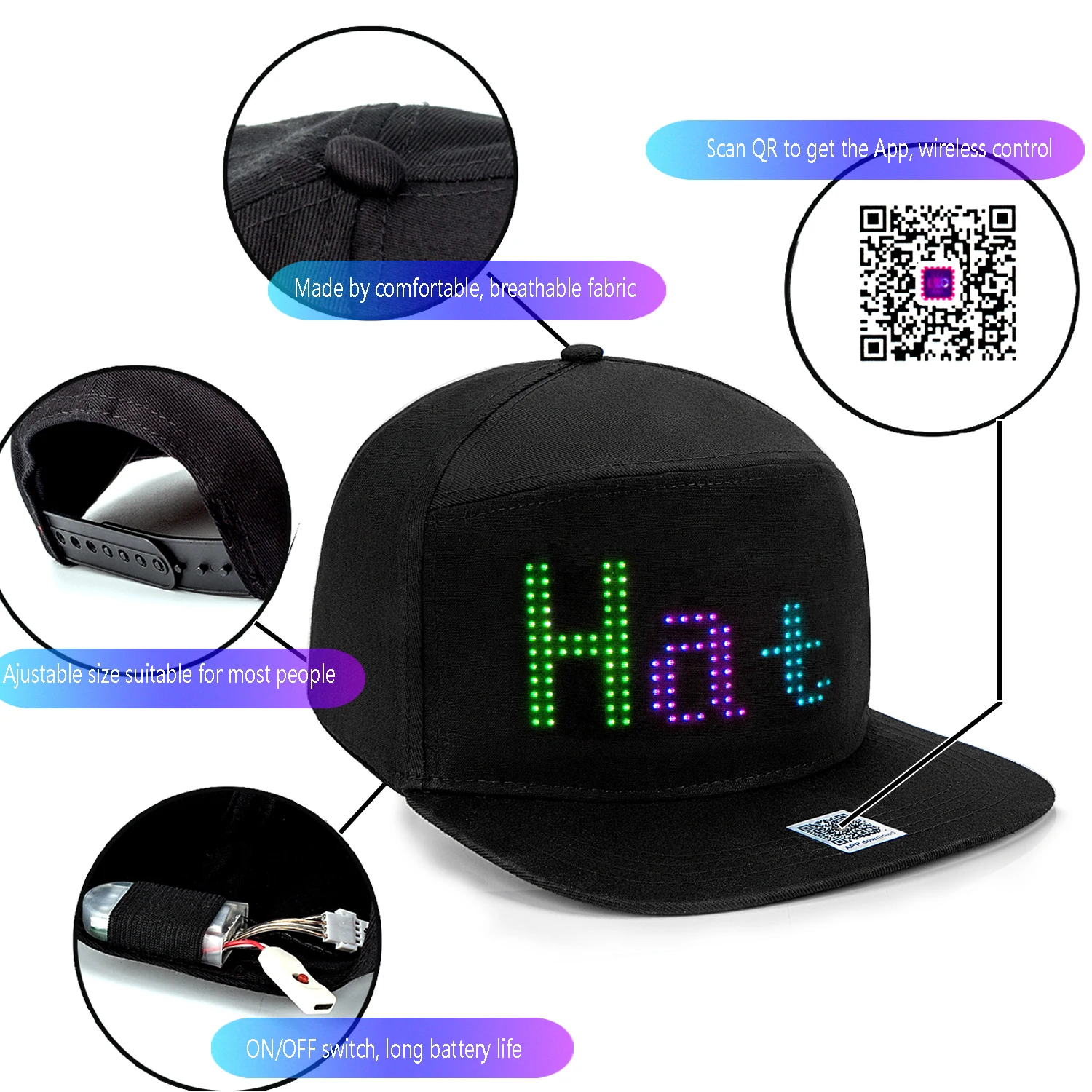 Bluetooth Rgb 7-Color Led Display Lamp Cap Custom Moment Module Cap Bluetooth App Controle Led Cap Karakter Hip hop Cap