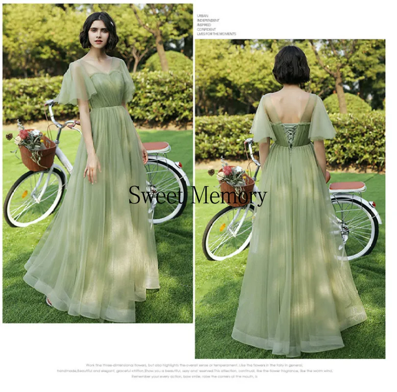 Customized Long Green Bridesmaid Dresses Light Tulle Robe Marriage Wedding Party Prom Graduation Gown Lace Up Women Dresses