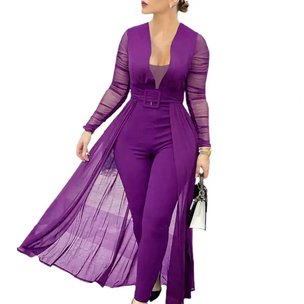 Jumpsuit Solid Color Skinny Playsuit Women Long Sleeve Sheer Patchwork Waist Tight Belt Overall for Party