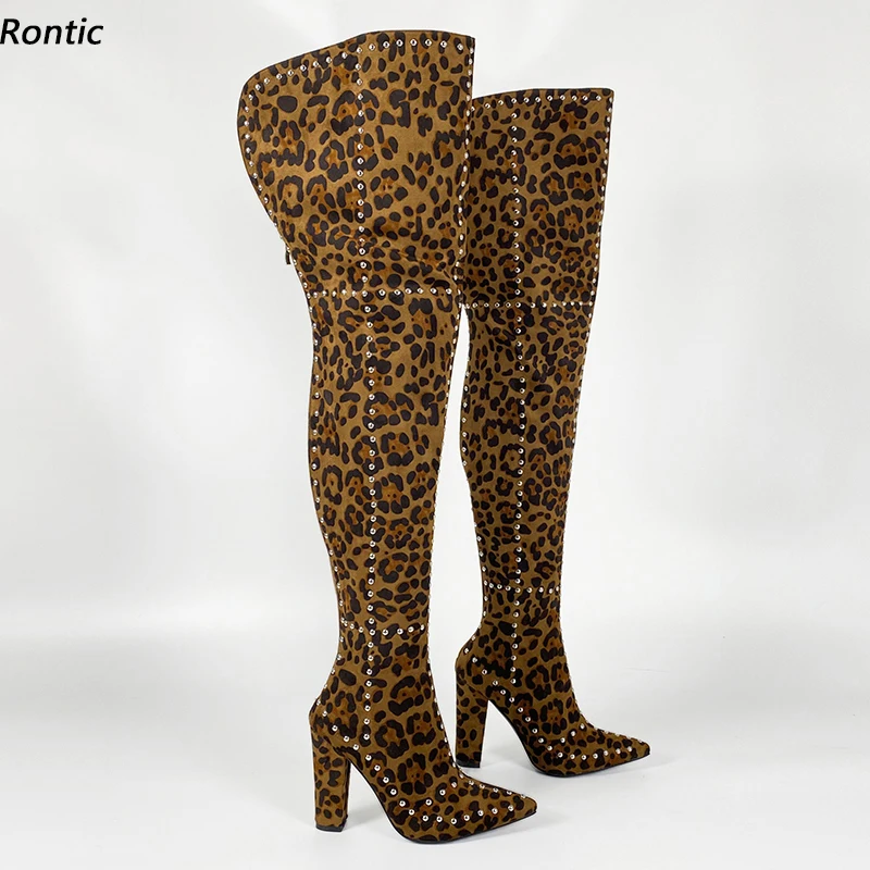 

Rontic New Women Winter Platform Thigh Boots Studded Back Zipper Chunky Heeled Pointed Toe Leopard Night Club Shoes US Size 5-15