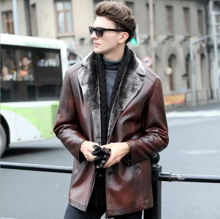 New Korean Plus Hot Size Men's Leather jacket Men Winter Warm Outwear Mens Business Casual fur Coats male Slim Fashion Jackets