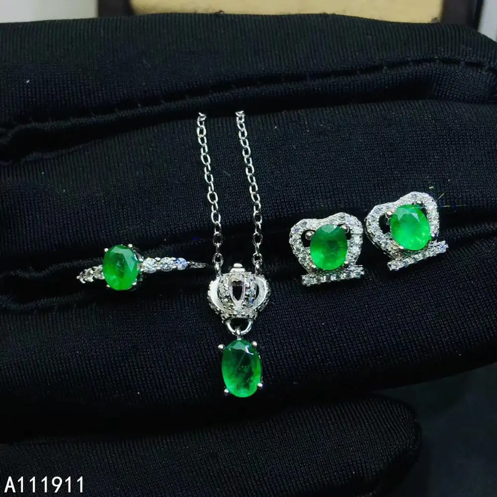 KJJEAXCMY boutique jewelry 925 sterling silver inlaid Natural Emerald classic Ring Earring Necklace Set Support Test noble