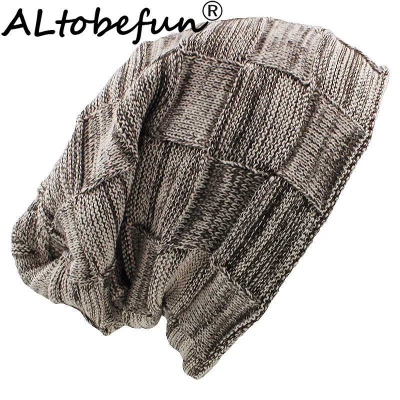 ALTOBEFUN Brand Plaid Design Women Baggy Knitted Skullies Bonnet Warm Hats For Girl Beanie Men Faux Fur Winter Hat Caps BHT077