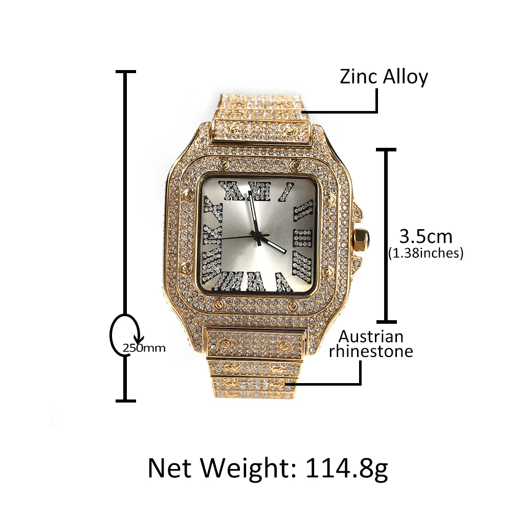 Hip Hop Full Iced Out Full Drill Men Square Matte Stainless Steel Fashion Luxury Rhinestones Quartz Square Business Watch