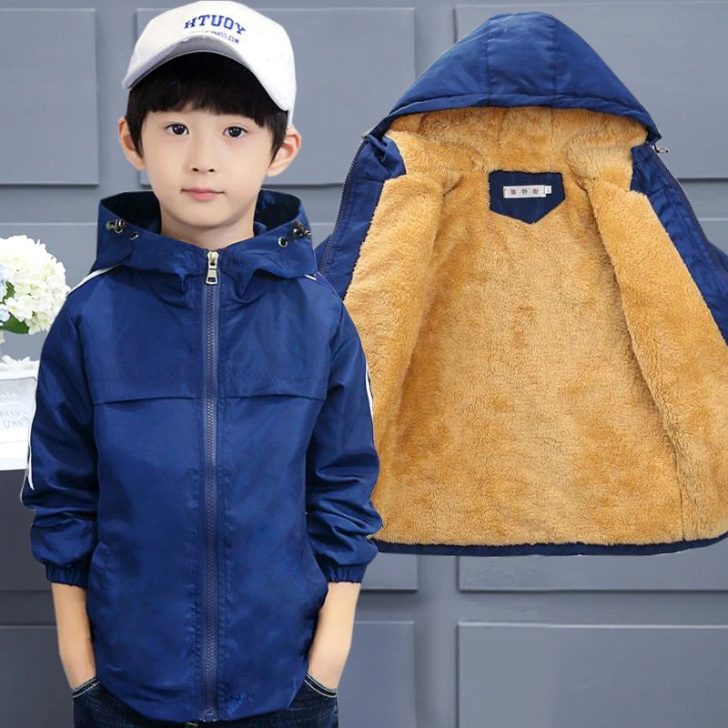 Boys Spring Jacket 2-15T Children Long Sleeve Hooded Active Windbreaker Teenage Clothes Big Boys Velvet Sport Coat Boys Outwear