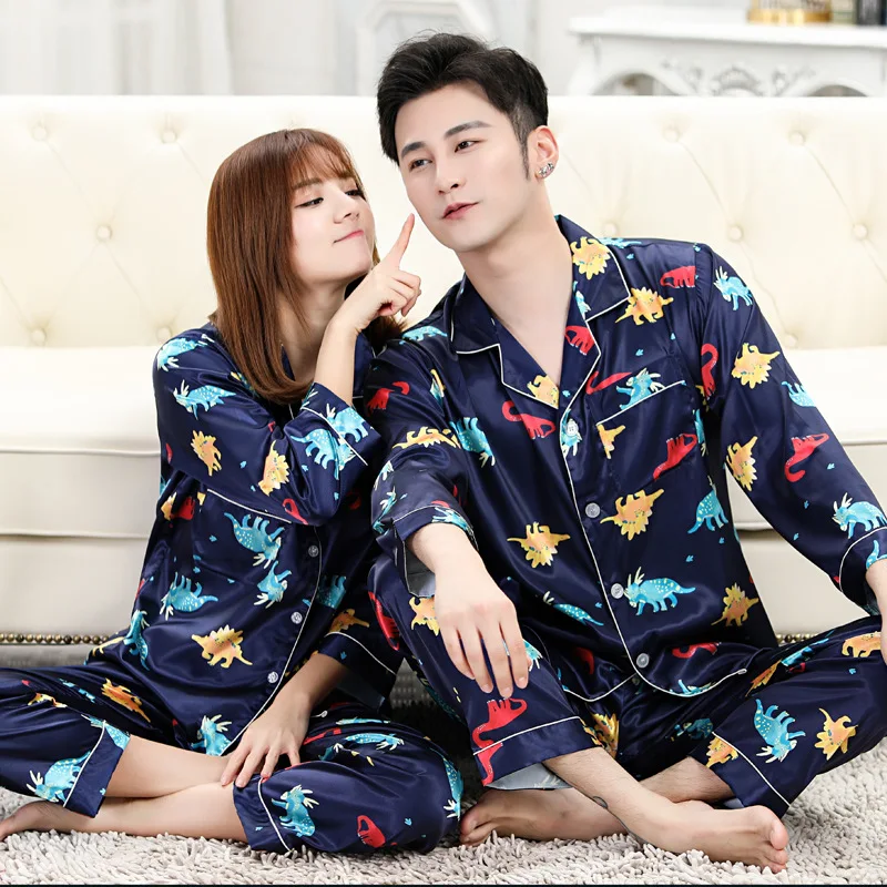 Summer Couple Men Women Cute Dinosaur Printed Stain Lapel Long Sleeve Pants Sleepwear Lovers Female Pajamas Pyjamas Homewear