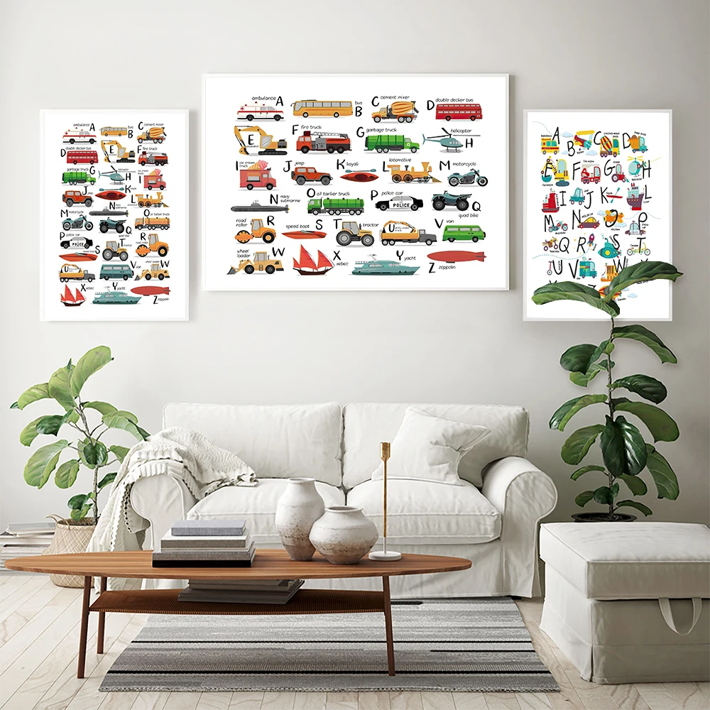 

Car Alphabet Art Canvas Painting Wall Pictures Transportation Vehicle Canvas Art Prints Boy Kids Room Nursery Toddler Wall Decor