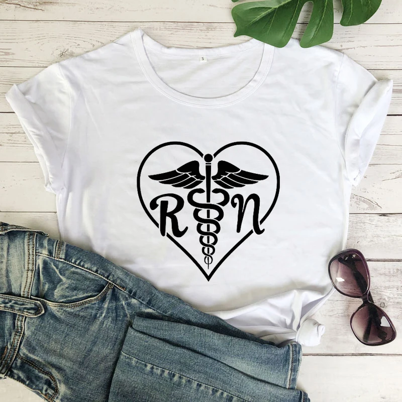 

Registered Nurse T-shirt 90s RN Heart Caduceus ICU Nurse Gift Tshirt Cute Women Graphic Essential Workers Tee Shirt Top Femme