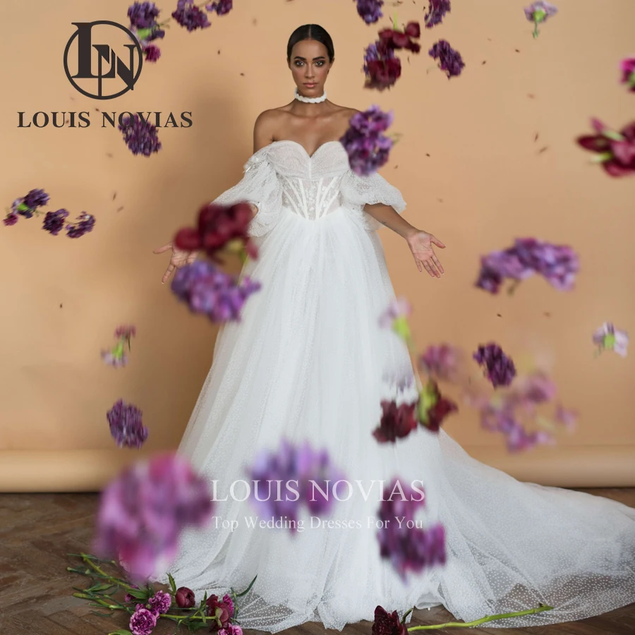 LOUIS NOVIAS A-Line Wedding Dresses For Women Sexy Sweetheart Puff Sleeve Polka Dot Ruffles Flowers Backlsess Vestidos De Novia