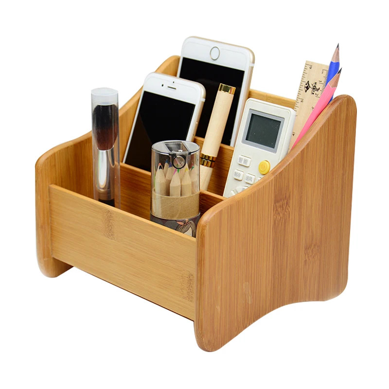 

3 Block Bamboo Pen Holder Divider Pen Pot Desk Phone Holder Pencil Stand Korean Fantastic Square Style Pen Stands Pad Holder