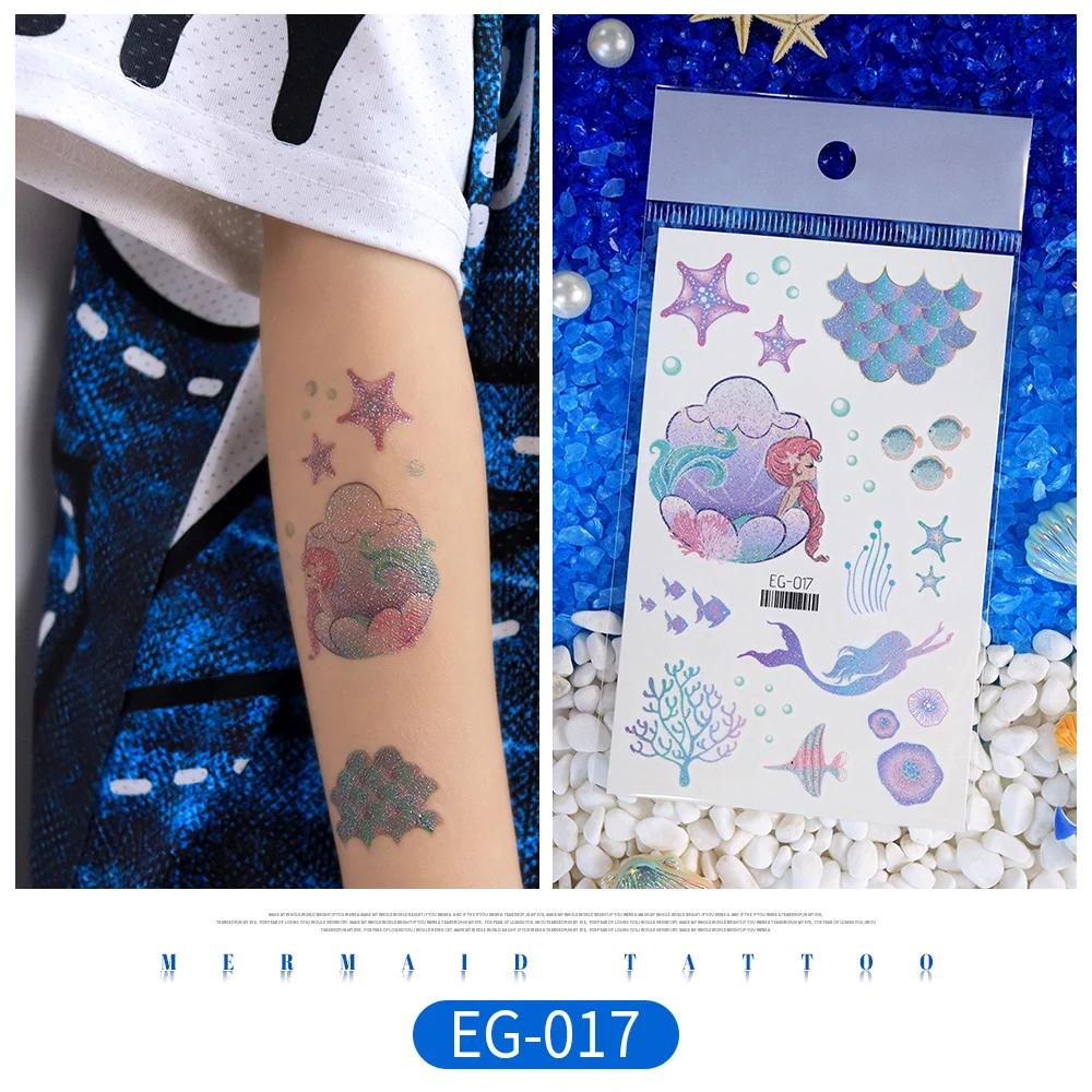 Flash Powder Stickers For Kids Cartoon Mermaid Tattoos Waterproof Glitter Tatoo Children Body Art Fake Tattoo Party Makeup Taty