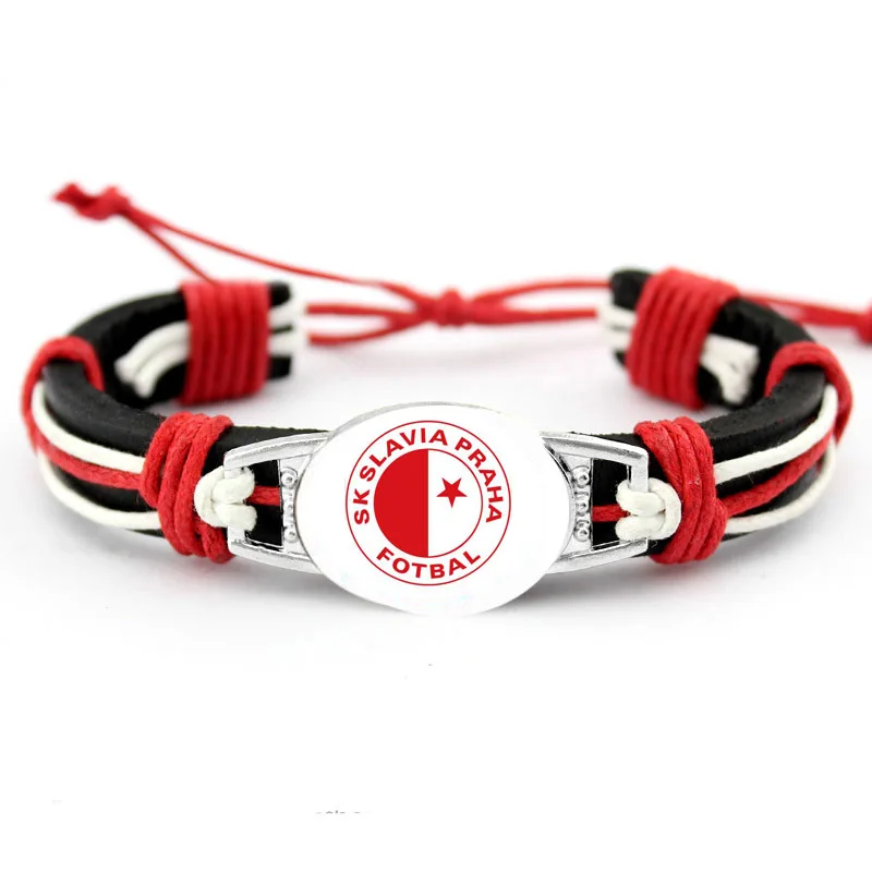 Sk Slavia Praha Czech Republic Newly Arrived Genuine Leather Bracelet 18x25mm Glass Cabochon Charms Bangles Hand Braided Jewelry