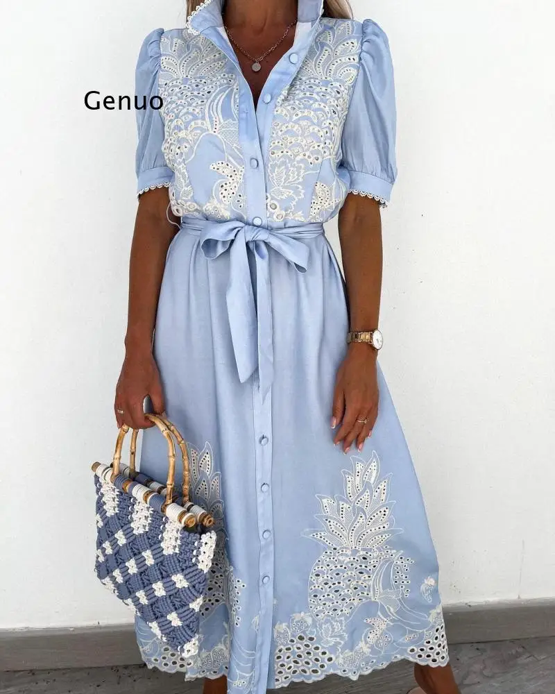 

2021 Summer Puff Sleeve Lace Party Dress Sexy Hollow Out Patchwork Embroidery Long Dress Elegant Women Tie-Up Belted Shirt Dress