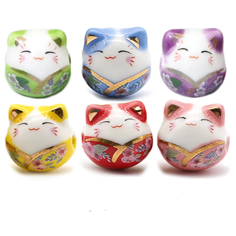 5pcs Smile Face Lucky Cat Ceramic Beads 14x15mm Loose Color Painting Ceramics Bead For Jewelry Making DIY Bracelet Necklace