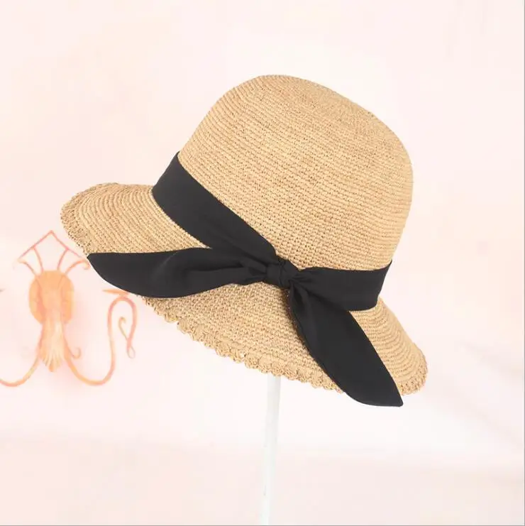 Chapeau en raphia fait à la main avec nœud papillon pour femme, chapeau de paille avec ruban noir et café, cool, beaux chapeaux pour le soleil, printemps et été 2025