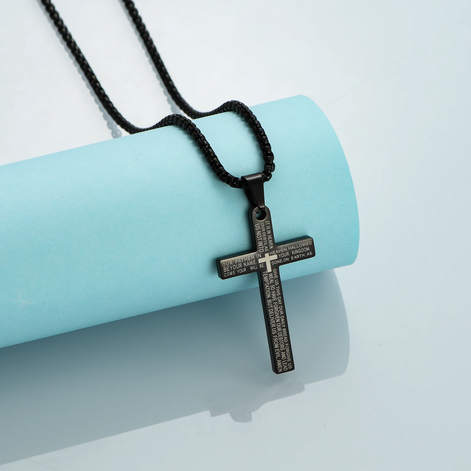 Retro Christian Jesus Single Titanium Scripture Cross Necklace Stainless Steel Black Prayer Choker Cross Pendants For Men Colar