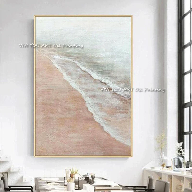 The Top Sales Hand-painted Original Pink Water Abstract Modern Thick Oil Painting Home Decor Canvas  Wall Art Beach Sea Wave