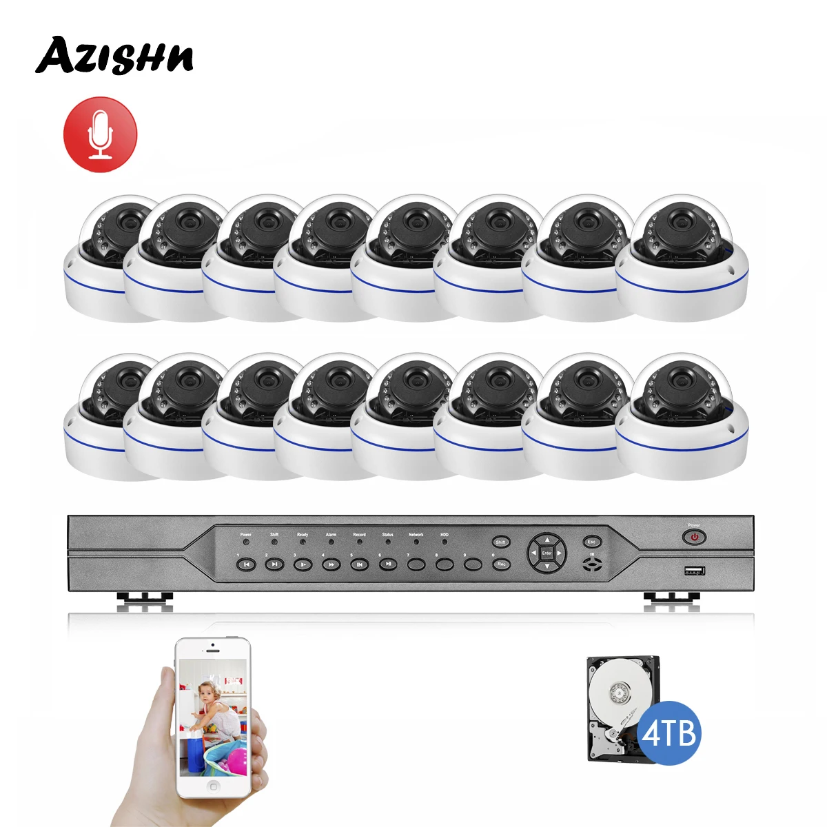 

AZISHN H.265+ 16CH 5MP POE NVR Kit CCTV Security System Outdoor Audio 5MP 3MP 2MP IP Camera Vandalproof P2P Surveillance 4TB