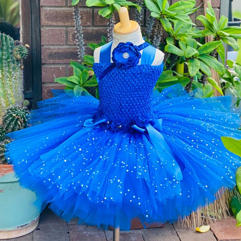 Girls Blue Glitter Flower Dress Kids Crochet Tulle Tutus with Hairbow Children Birthday Party Costume Photography Dresses