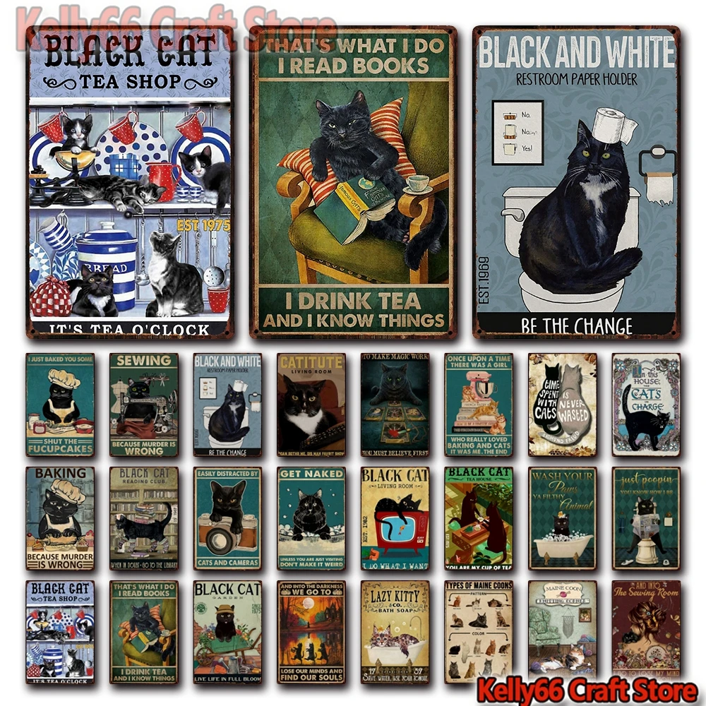 [ Kelly66 ] Pets Sewing And Black Cats Coffee Bath Soap Get Naked Tin Metal Sign Home Pub Bar Decor Painting 20*30 CM Size Dy213