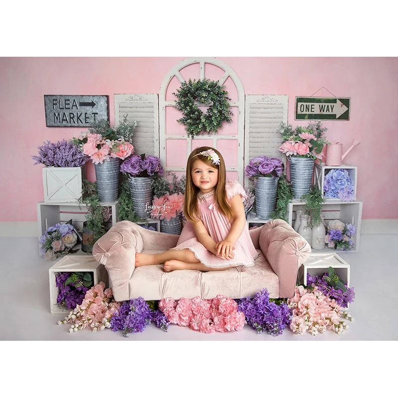 Kids Birthday Photography Background Flower Spring Flea Market Theme Prop Window Pink Wall Colorful Floral Backdrop Photo Studio