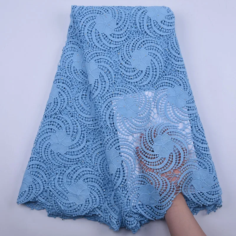 

2020 Latest Sky Blue Guipure Cord Lace Fabric African High Quality with Milk Silk Nigeria Cord Lace Fabric For Wedding Dress