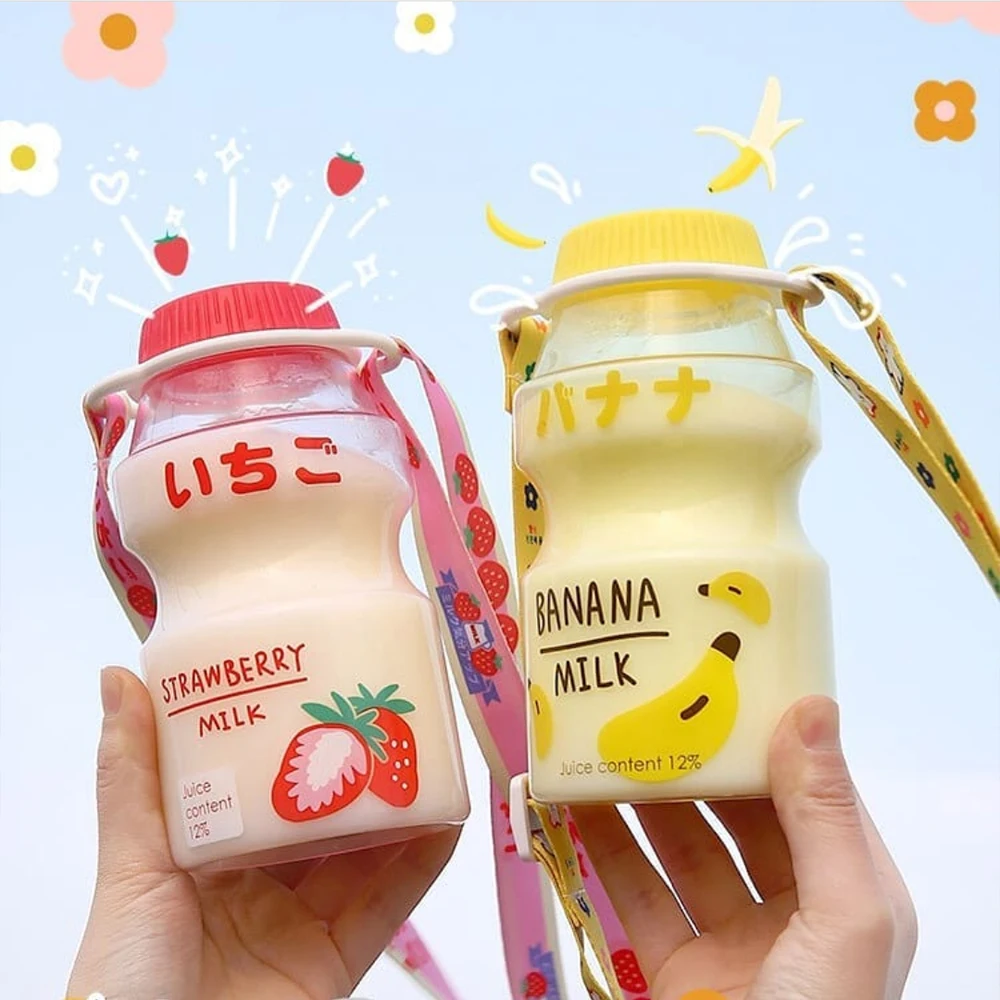 480ml Cute Frosted Plastic Fruit Water Bottle BPA Free Portable Leakproof Yakult Shape Kawaii Milk Carton Bottle for Kids Girls