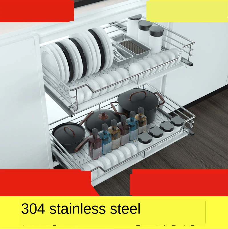 2-Tier Stainless Steel Pull Out Storage Rack Basket Kitchen Slide Cabinet Organizer Drawer Baskets Holder 600mm 700mm 800mm