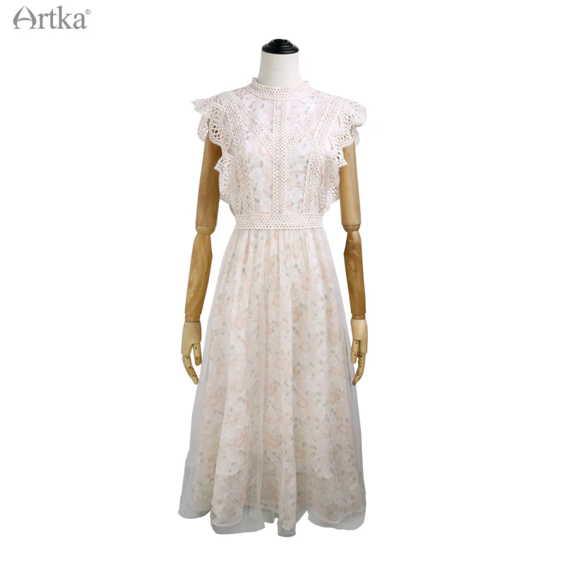 ARTKA 2021 Summer New Women Dress Elegant Floral Mesh Chiffon Long Dresses Hollow Out Lace O-Neck Flying Sleeve Dress LA25213X