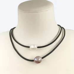 High quality Real leather natural keshi baroque pearl pendant necklace 100% nature freshwate,stainless steel clasp