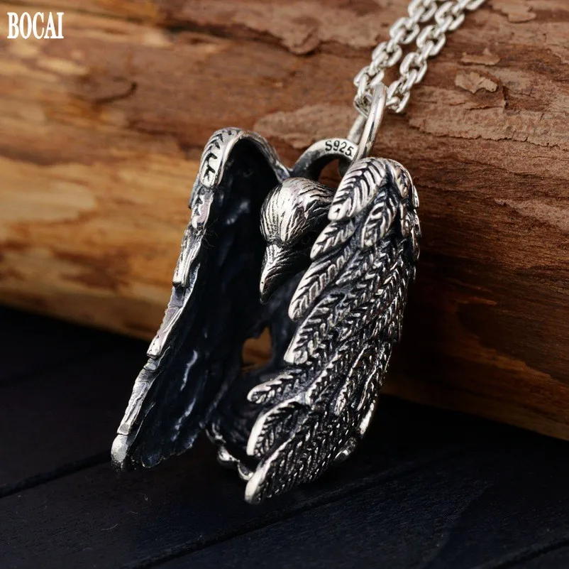 BOCAI Real Personality Trend Jewelry Evil Psychic Crow Sterling Silver s925 Men's Pendant Retro Feather Bird Pendant