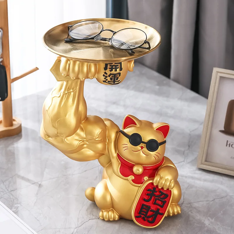 Golden Cat Figurines Muscle Arm Lucky Cat sculpture Ornaments Resin Storage Tray Storage cup holder key holder  Decoration